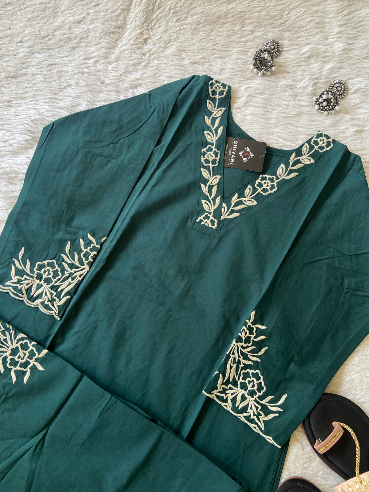 Flower Embroidery Work Cotton Aline Kurti With Palazzo. Cotton Kurti Sets For Women Online India. Shop the Latest Festive Summer Collection at Shivani Designer Kurti.