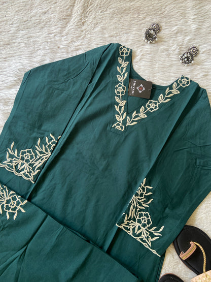 Flower Embroidery Work Cotton Aline Kurti With Palazzo. Cotton Kurti Sets For Women Online India. Shop the Latest Festive Summer Collection at Shivani Designer Kurti.
