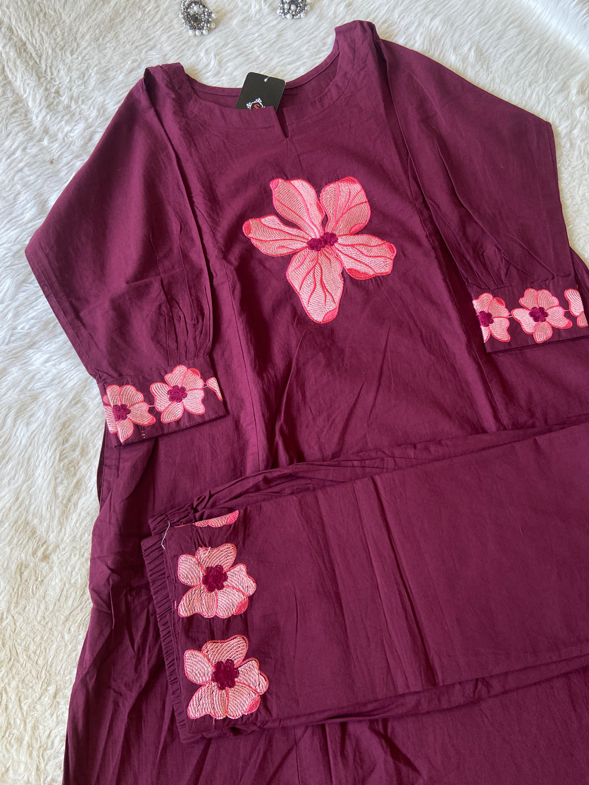 Flower Embroidery Work Cotton Aline Kurti With Palazzo. Cotton Kurti Sets For Women Online India. Shop the Latest Festive Summer Collection at Shivani Designer Kurti.