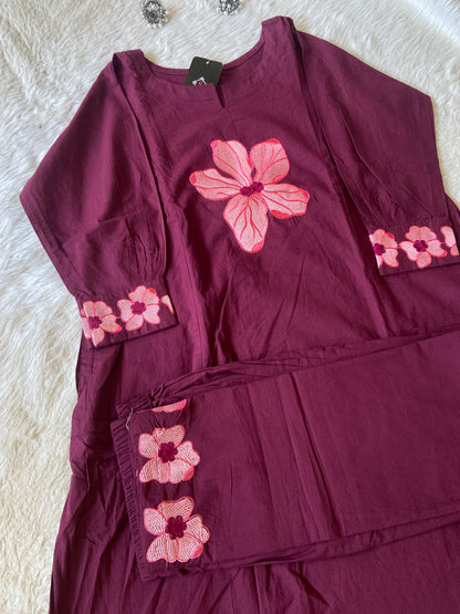 Flower Embroidery Work Cotton Aline Kurti With Palazzo. Cotton Kurti Sets For Women Online India. Shop the Latest Festive Summer Collection at Shivani Designer Kurti.