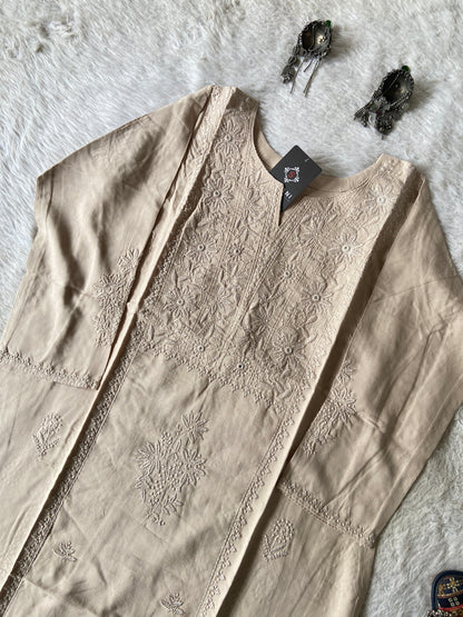 Rayon Straight Lucknowi Chikankari Long Kurti. Rayon Kurti For Women online India. Shop the Latest Festive Summer Collection at Shivani Designer Kurti.