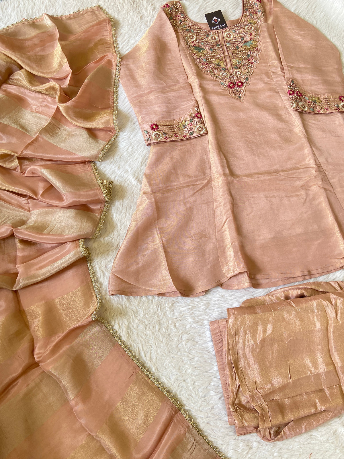 Premium Short Kurti Suit. Tissue Shimmer Short Kurti With Full Flair Palazzo And Dupatta. Silk Suit Sets For Women Online India. Shop the Latest Festive Summer Collection at Shivani Designer Kurti.