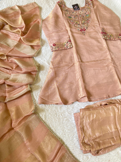 Premium Short Kurti Suit. Tissue Shimmer Short Kurti With Full Flair Palazzo And Dupatta. Silk Suit Sets For Women Online India. Shop the Latest Festive Summer Collection at Shivani Designer Kurti.