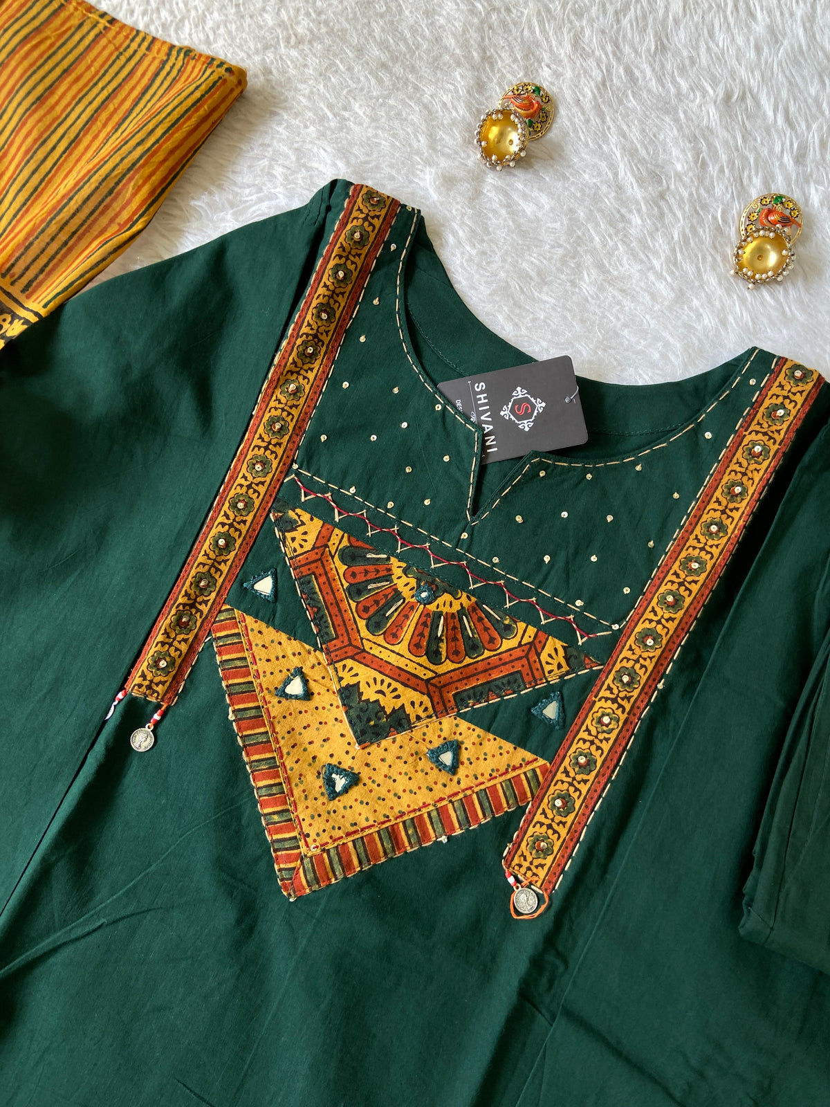 Cotton Hand Work Aline Kurti With Plain Palazzo And Block Printed Dupatta (Gamthi Pair). Cotton Suit Sets For Women Online India. Shop the Latest Festive Summer Collection at Shivani Designer Kurti.