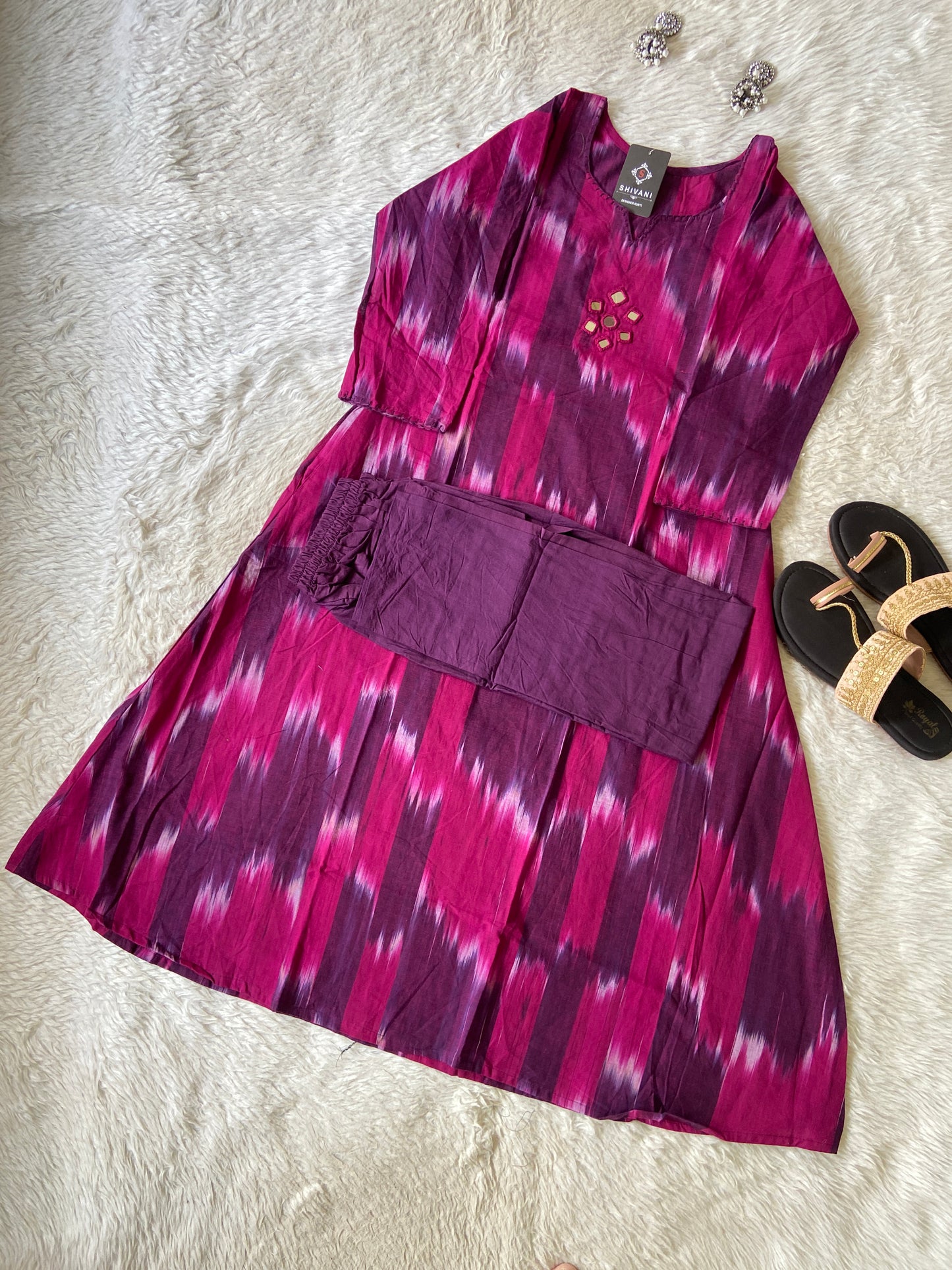 Ikkat Print Cotton Aline Kurti With Palazzo. Cotton Aline Kurti Sets For Women Online India. Shop the Latest Festive Summer Collection at Shivani Designer Kurti.
