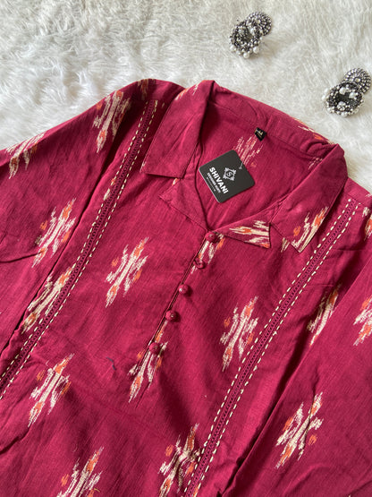Ikkat Print, Cotton Aline Kurti With Palazzo. Cotton Kurti Sets For Women Online India. Shop the Latest Festive Summer Collection at Shivani Designer Kurti.