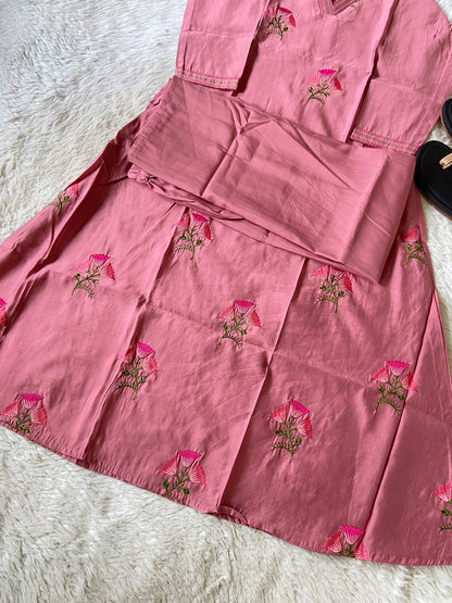 Flower Embroidery Work, V-Neck Style Aline Kurti And Palazzo. Silk Aline Kurti Sets For Women Online India. Shop the Latest Festive Summer Collection at Shivani Designer Kurti.