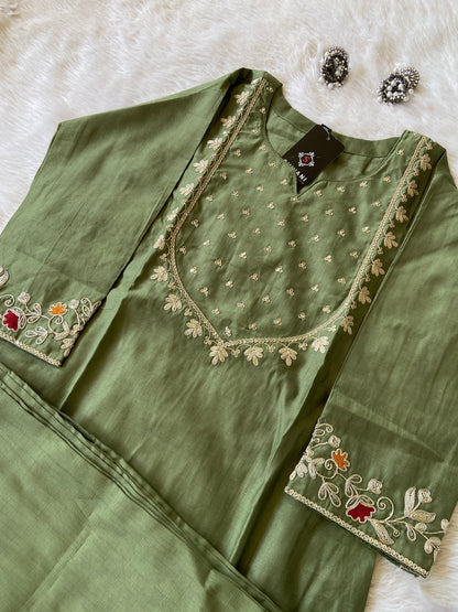 Sleeve Work And Neck Work Kurti With Matching Palazzo, Silk StraightCut Kurti Sets For Women