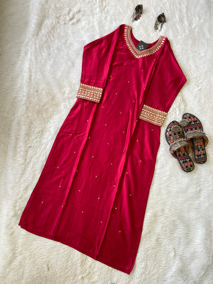 Heavy Gota Patti Work In Neck And Sleeve, Satin Silk Straight Cut Kurti For Women