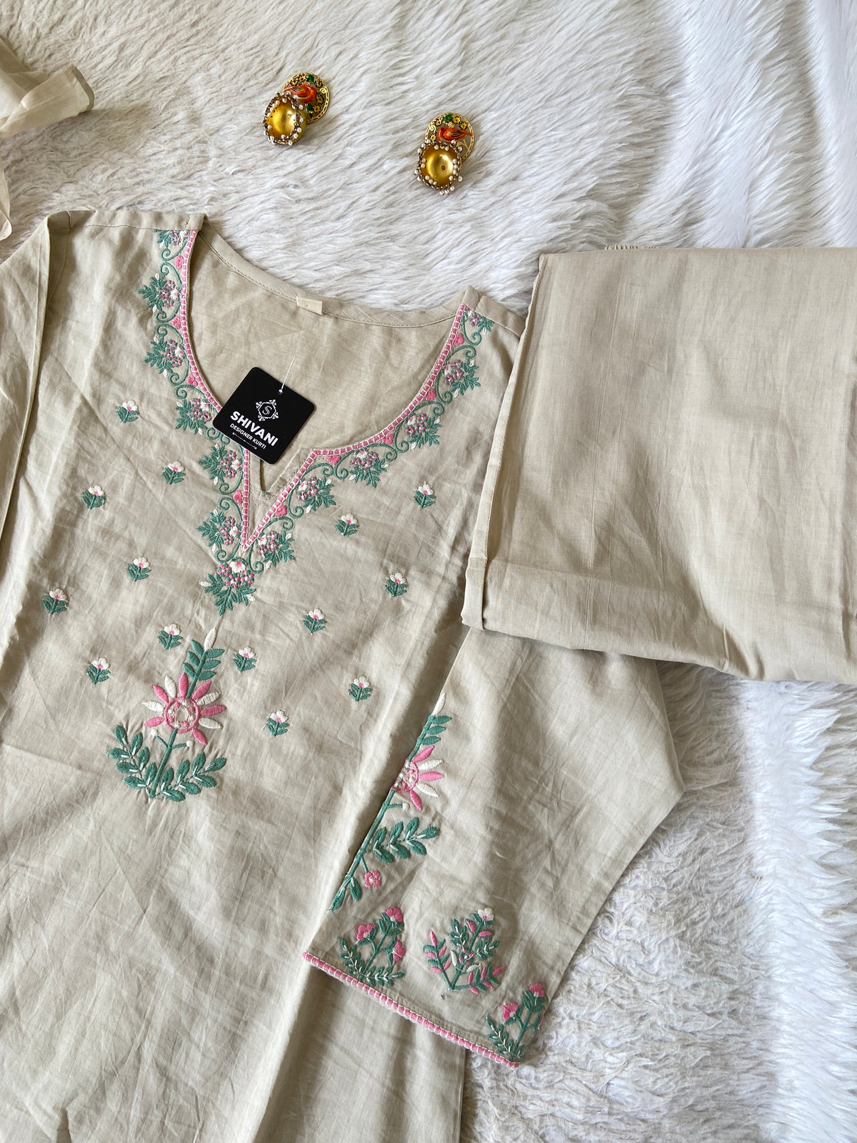 Embroidery Work Cotton Straight Cut Kurti With Pant And Dupatta. Cotton Suit Sets For Women Online India. Shop the Latest Festive Summer Collection at Shivani Designer Kurti.