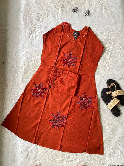 Real Mirror Work In Neck With Aplic Work Cotton Aline Kurti With Palazzo. Cotton Aline Kurti Sets For Women Online India. Shop the Latest Festive Summer Collection at Shivani Designer Kurti.