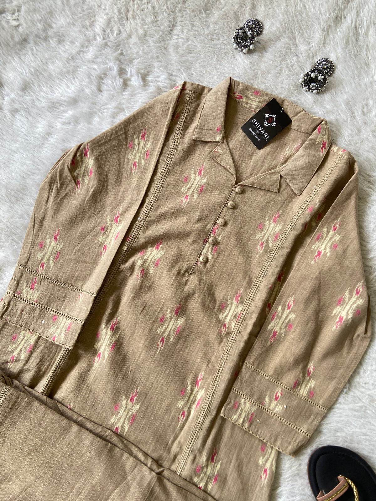 Ikkat Print, Cotton Aline Kurti With Palazzo. Cotton Kurti Sets For Women Online India. Shop the Latest Festive Summer Collection at Shivani Designer Kurti.