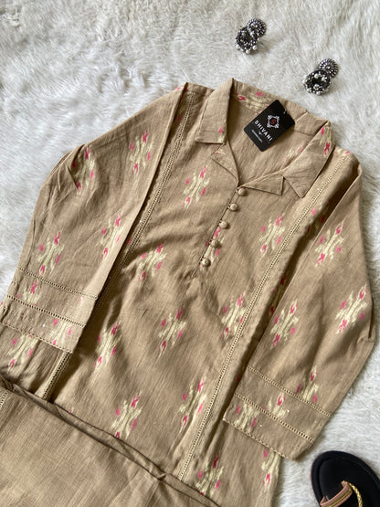 Ikkat Print, Cotton Aline Kurti With Palazzo. Cotton Kurti Sets For Women Online India. Shop the Latest Festive Summer Collection at Shivani Designer Kurti.