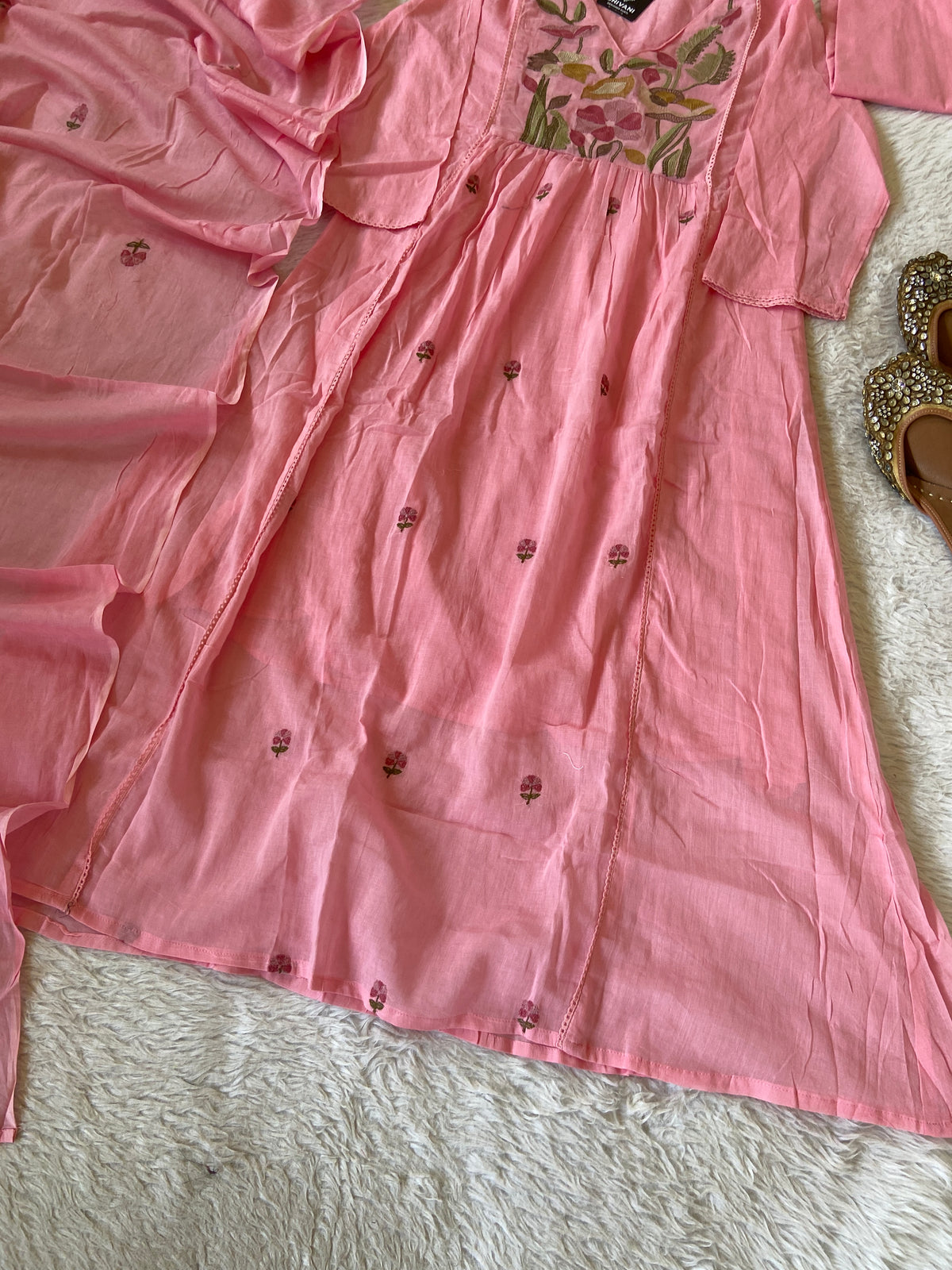 Flower Embroidery Work Cotton Aline Kurti, Pant And Dupatta. Cotton Suit Sets For Women Online India. Shop the Latest Festive Summer Collection at Shivani Designer Kurti.