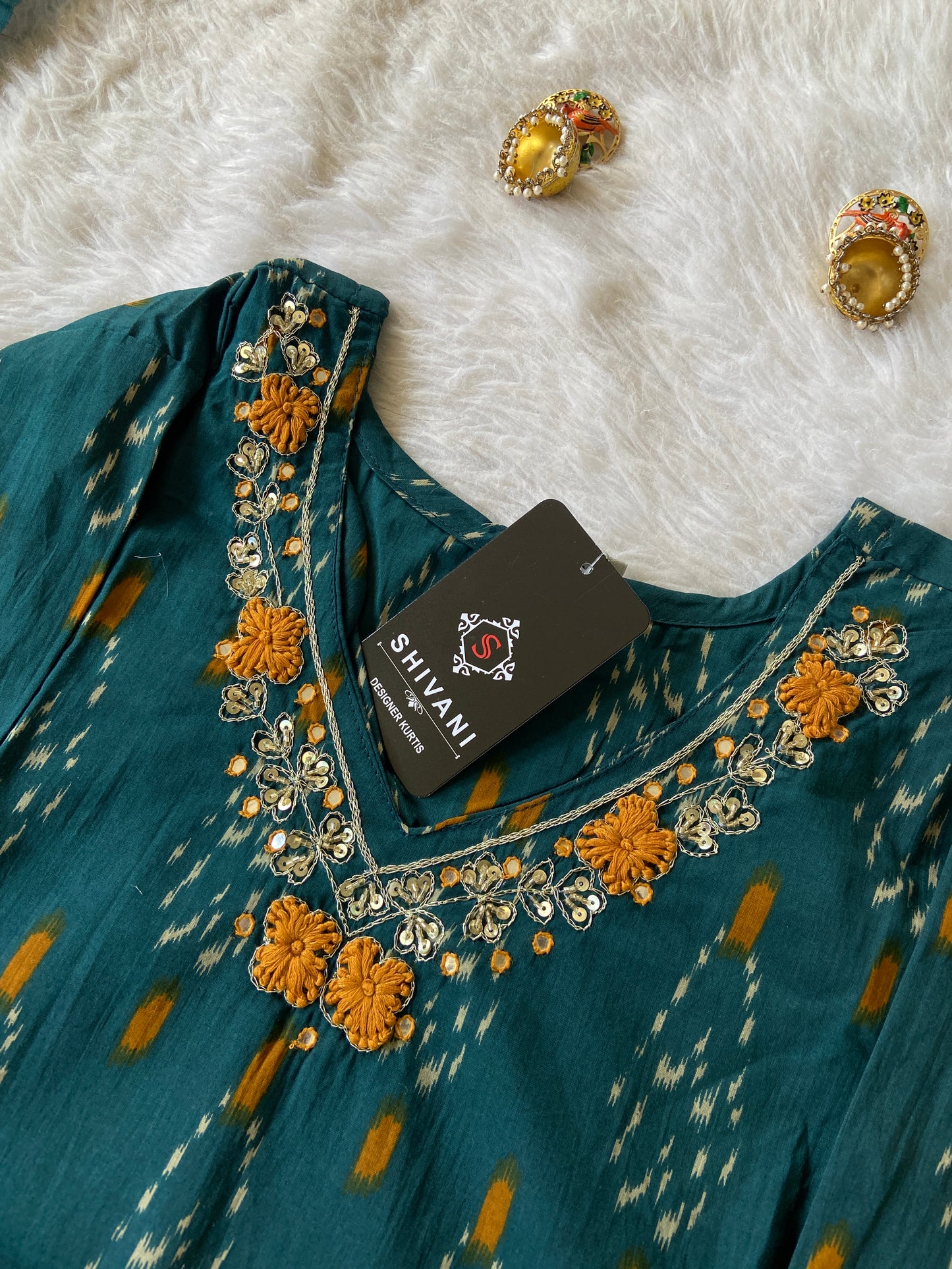 Ikkat Print With VNeck Handwork With Pant And Dupatta. Cotton StraightCut Suit Sets For Women