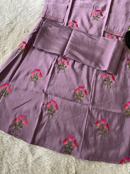 Flower Embroidery Work, V-Neck Style Aline Kurti And Palazzo. Silk Aline Kurti Sets For Women Online India. Shop the Latest Festive Summer Collection at Shivani Designer Kurti.
