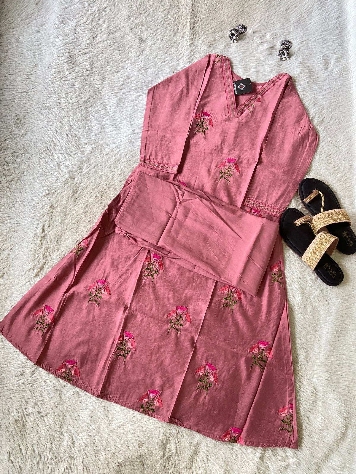 Flower Embroidery Work, V-Neck Style Aline Kurti And Palazzo. Silk Aline Kurti Sets For Women Online India. Shop the Latest Festive Summer Collection at Shivani Designer Kurti.