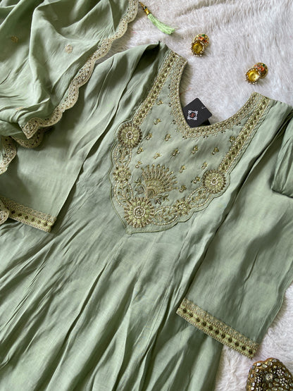Embroidery Work Aline Kurti, Palazzo And Dupatta. Silk Suit Sets For Women Online India. Shop the Latest Festive Summer Collection at Shivani Designer Kurti.