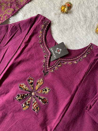 Aplic Work Cotton Aline Kurti, Palazzo And Block Printed Dupatta (Gamthi Pair). Cotton Suit Sets For Women Online India. Shop the Latest Festive Summer Collection at Shivani Designer Kurti.
