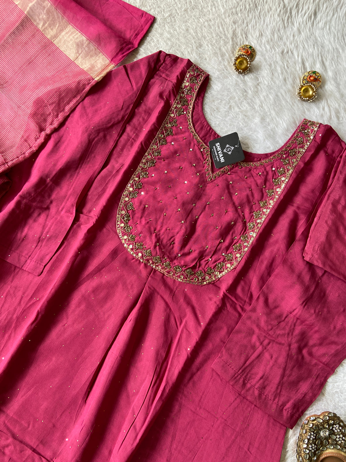Hand Work Neck, Jamdani Silk Aline Kurti With Palazzo And Dupatta. Silk Suit Sets For Women Online India. Shop the Latest Festive Summer Collection at Shivani Designer Kurti.