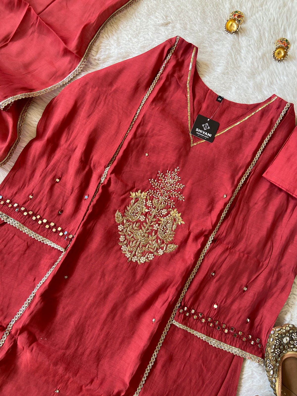 Mirror Work In Sleeve Mul Chanderi ALine Kurti With Semi Palazzo And Dupatta. Silk Suit Sets For Women Online India. Shop the Latest Festive Summer Collection at Shivani Designer Kurti.
