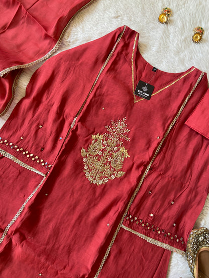 Mirror Work In Sleeve Mul Chanderi ALine Kurti With Semi Palazzo And Dupatta. Silk Suit Sets For Women Online India. Shop the Latest Festive Summer Collection at Shivani Designer Kurti.
