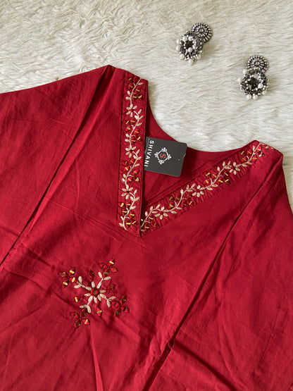 V-Neck Golden Work Cotton Aline Kurti And Palazzo. Cotton Aline Kurti Sets For Women Online India. Shop the Latest Festive Summer Collection at Shivani Designer Kurti. (Copy)