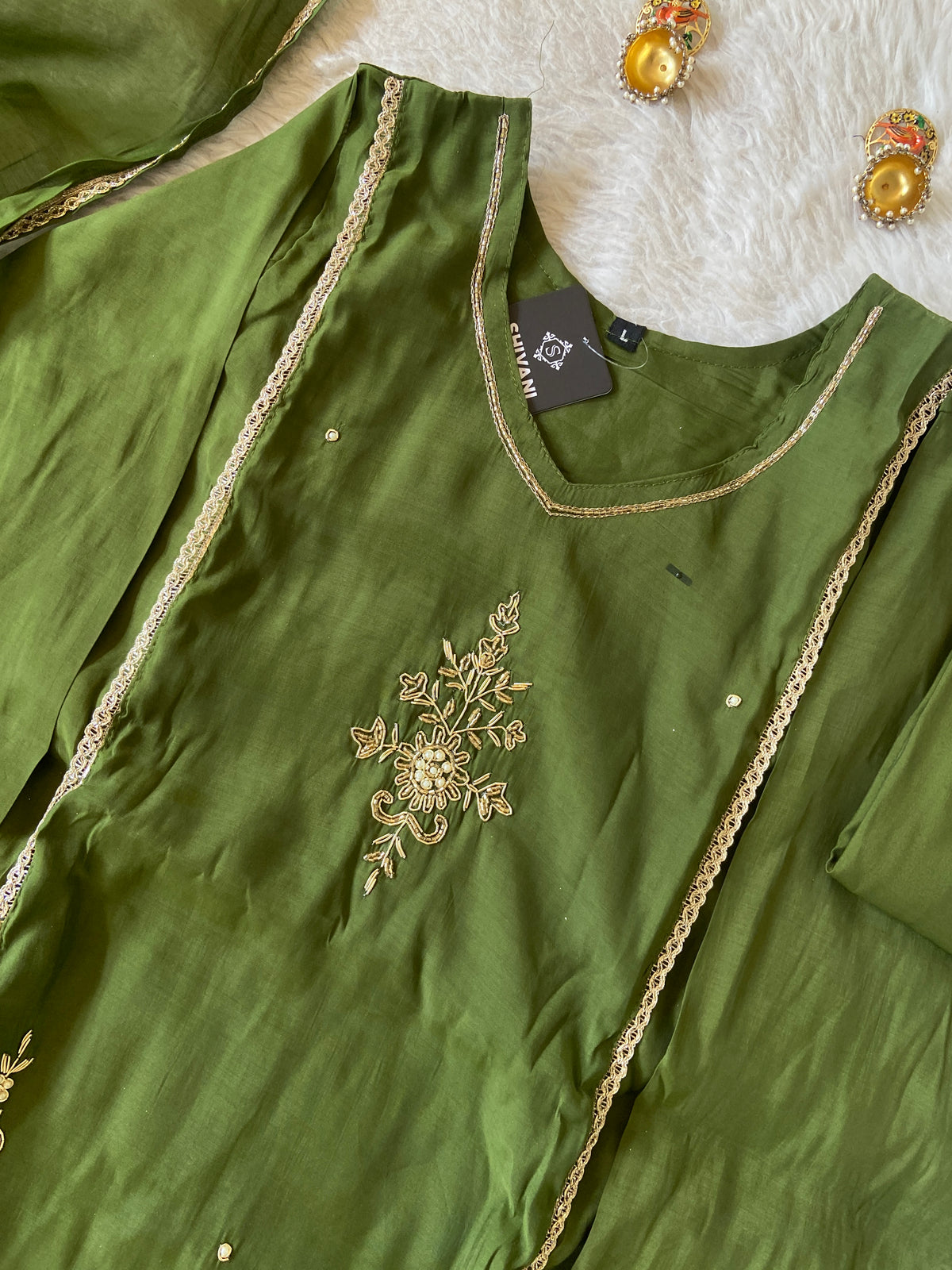HandWork Work Mul Chanderi ALine Kurti With Semi Palazzo And Dupatta. Silk Suit Sets For Women Online India. Shop the Latest Festive Summer Collection at Shivani Designer Kurti.