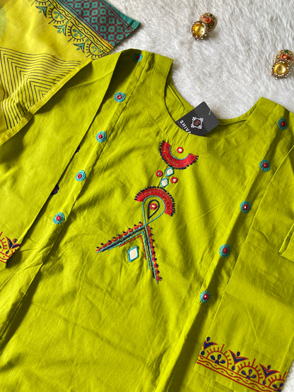Cotton Hand Work Aline Kurti With Plain Palazzo And Block Printed Dupatta (Gamthi Pair). Cotton Suit Sets For Women Online India. Shop the Latest Festive Summer Collection at Shivani Designer Kurti.