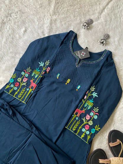 Embroidery Work Cotton Aline Kurti And Palazzo. Cotton Aline Kurti Sets For Women Online India. Shop the Latest Festive Summer Collection at Shivani Designer Kurti.