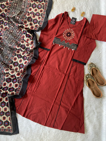 Cotton Hand Work Aline Kurti With Palazzo And Block Dupatta (Gamthi Pair). Cotton Suit Sets For Women Online India. Shop the Latest Festive Summer Collection at Shivani Designer Kurti.