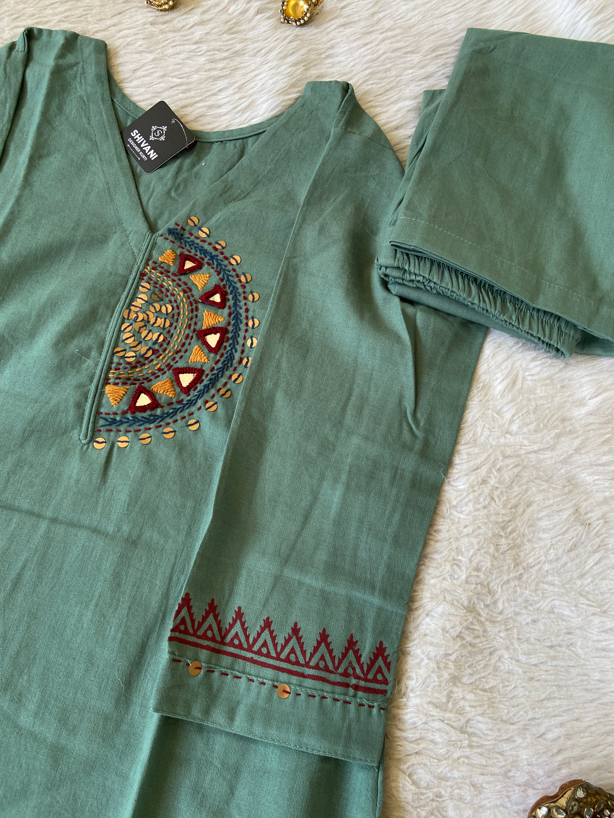Mirror Hand Work Cotton Flex Straight Cut Kurti With Palazzo And Dupatta. Cotton Suit Sets For Women Online India. Shop the Latest Festive Summer Collection at Shivani Designer Kurti.