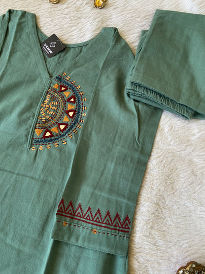 Mirror Hand Work Cotton Flex Straight Cut Kurti With Palazzo And Dupatta. Cotton Suit Sets For Women Online India. Shop the Latest Festive Summer Collection at Shivani Designer Kurti.