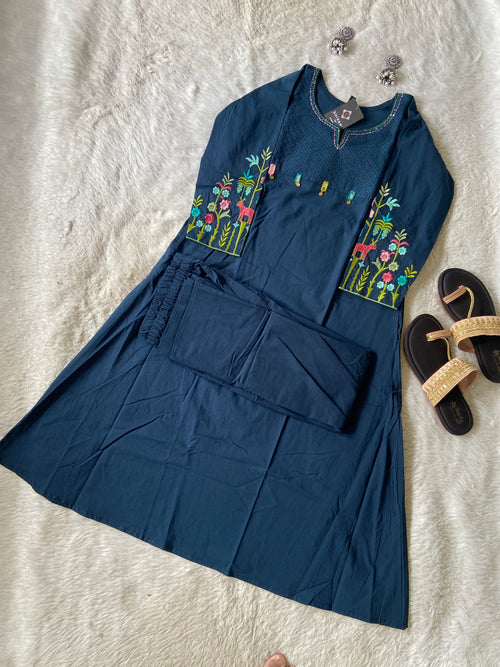 Embroidery Work Cotton Aline Kurti And Palazzo. Cotton Aline Kurti Sets For Women Online India. Shop the Latest Festive Summer Collection at Shivani Designer Kurti.