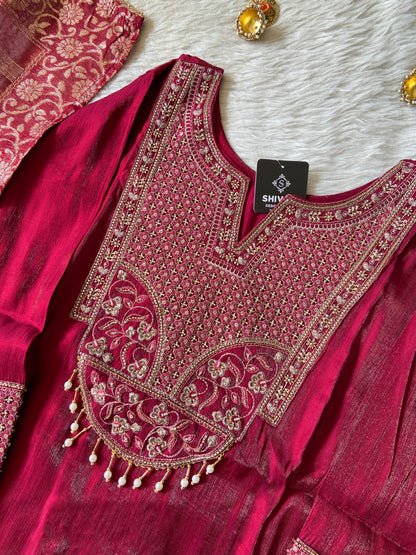 Heavy Embroidery Work Straight Kurti, Semi Palazzo And Dupatta. Silk Suit Sets For Women Online India. Shop the Latest Festive Summer Collection at Shivani Designer Kurti.
