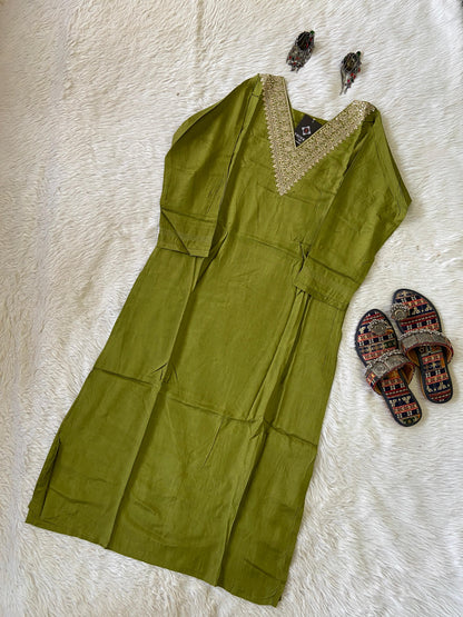 Golden Embroidery Work In VNeck, Silk StraightCut Kurti For Women