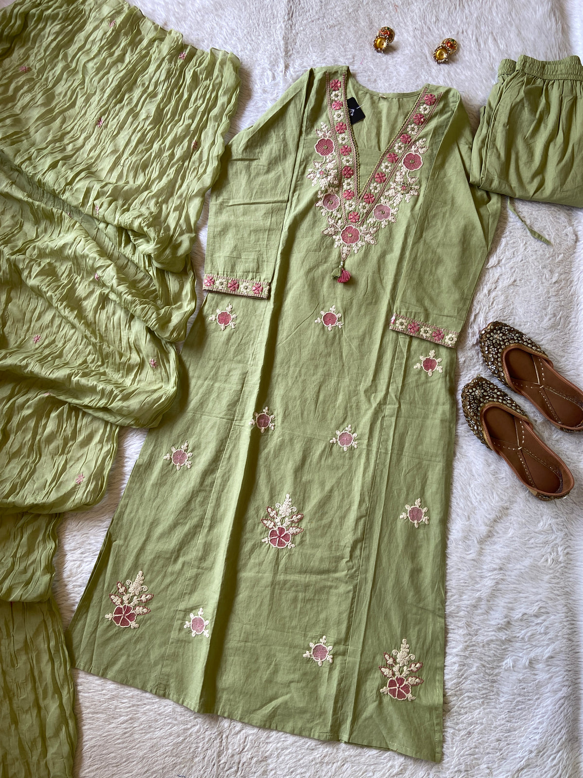 Embroidery Work Cotton Aline Kurti, Pant And Dupatta. Cotton Suit Sets For Women Online India. Shop the Latest Festive Summer Collection at Shivani Designer Kurti.