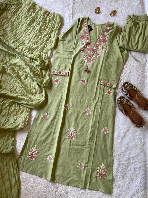 Embroidery Work Cotton Aline Kurti, Pant And Dupatta. Cotton Suit Sets For Women Online India. Shop the Latest Festive Summer Collection at Shivani Designer Kurti.