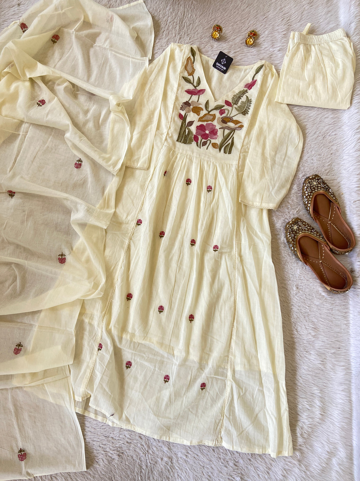 Flower Embroidery Work Cotton Aline Kurti, Pant And Dupatta. Cotton Suit Sets For Women Online India. Shop the Latest Festive Summer Collection at Shivani Designer Kurti.