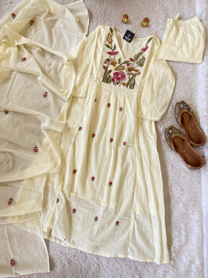 Flower Embroidery Work Cotton Aline Kurti, Pant And Dupatta. Cotton Suit Sets For Women Online India. Shop the Latest Festive Summer Collection at Shivani Designer Kurti.