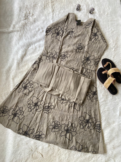 Flower Design Embroidery Work In Aline Kurti With Plain Palazzo, Silk Aline Kurti Sets For Women