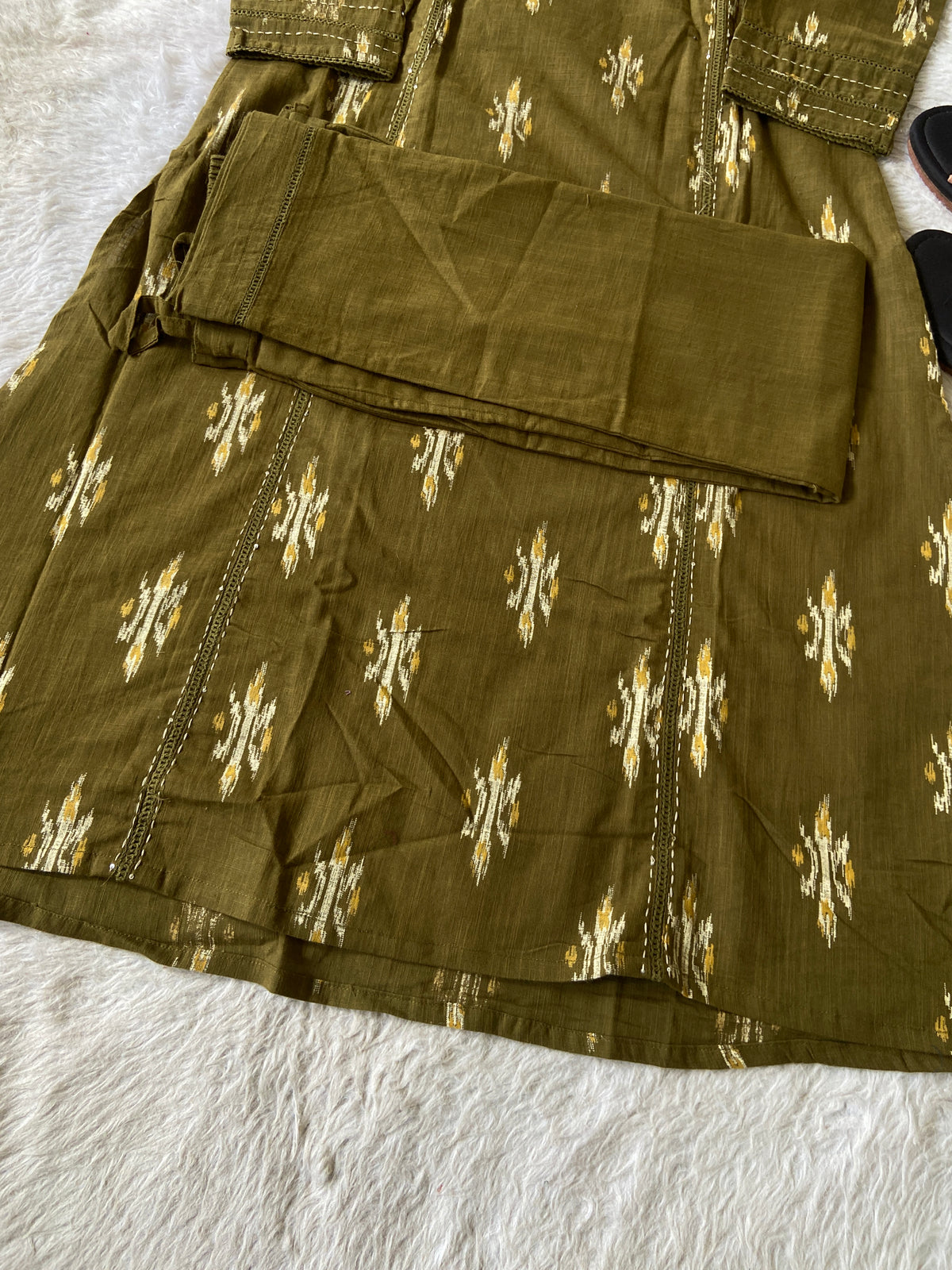 Ikkat Print, Cotton Aline Kurti With Palazzo. Cotton Kurti Sets For Women Online India. Shop the Latest Festive Summer Collection at Shivani Designer Kurti.