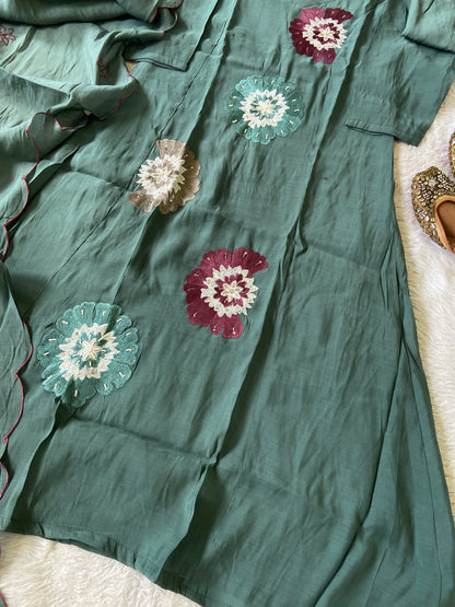 Beautiful Flower Embroidery Work In Aline Kurti With Semi Palazzo And Dupatta. Silk Suit Sets For Women Online India. Shop the Latest Festive Summer Collection at Shivani Designer Kurti.