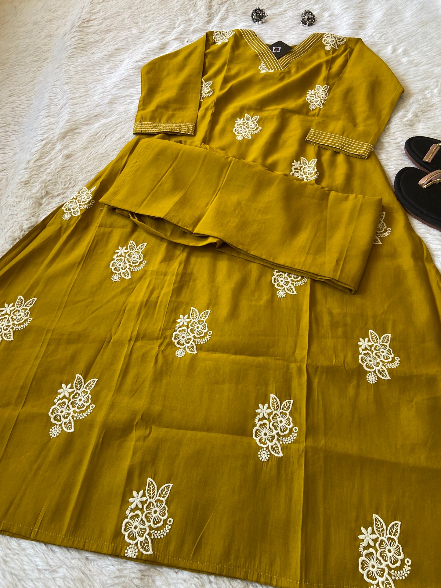 Embroidery Work In Aline Kurti With Matching Palazzo, Silk Aline Kurti Sets For Women