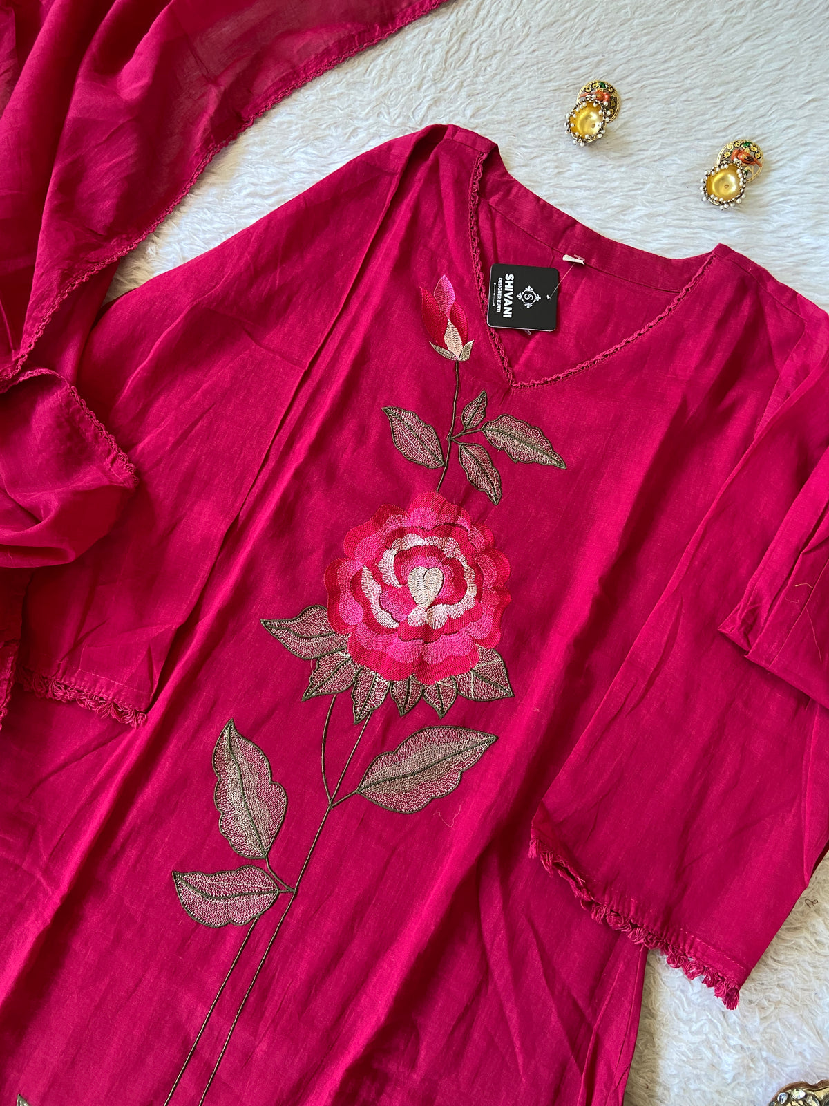 Flower Embroidery Work Cotton Aline Kurti, Pant And Dupatta. Cotton Suit Sets For Women Online India. Shop the Latest Festive Summer Collection at Shivani Designer Kurti.