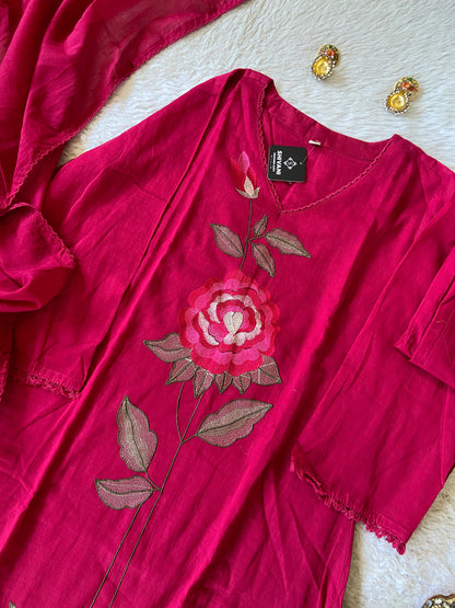 Flower Embroidery Work Cotton Aline Kurti, Pant And Dupatta. Cotton Suit Sets For Women Online India. Shop the Latest Festive Summer Collection at Shivani Designer Kurti.