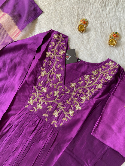 Hand Work Neck, Jamdani Silk Aline Kurti With Palazzo And Dupatta. Silk Suit Sets For Women Online India. Shop the Latest Festive Summer Collection at Shivani Designer Kurti.