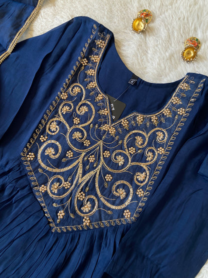 Embroidery Work Mul Chanderi ALine Kurti With Semi Palazzo And Dupatta. Silk Suit Sets For Women Online India. Shop the Latest Festive Summer Collection at Shivani Designer Kurti.