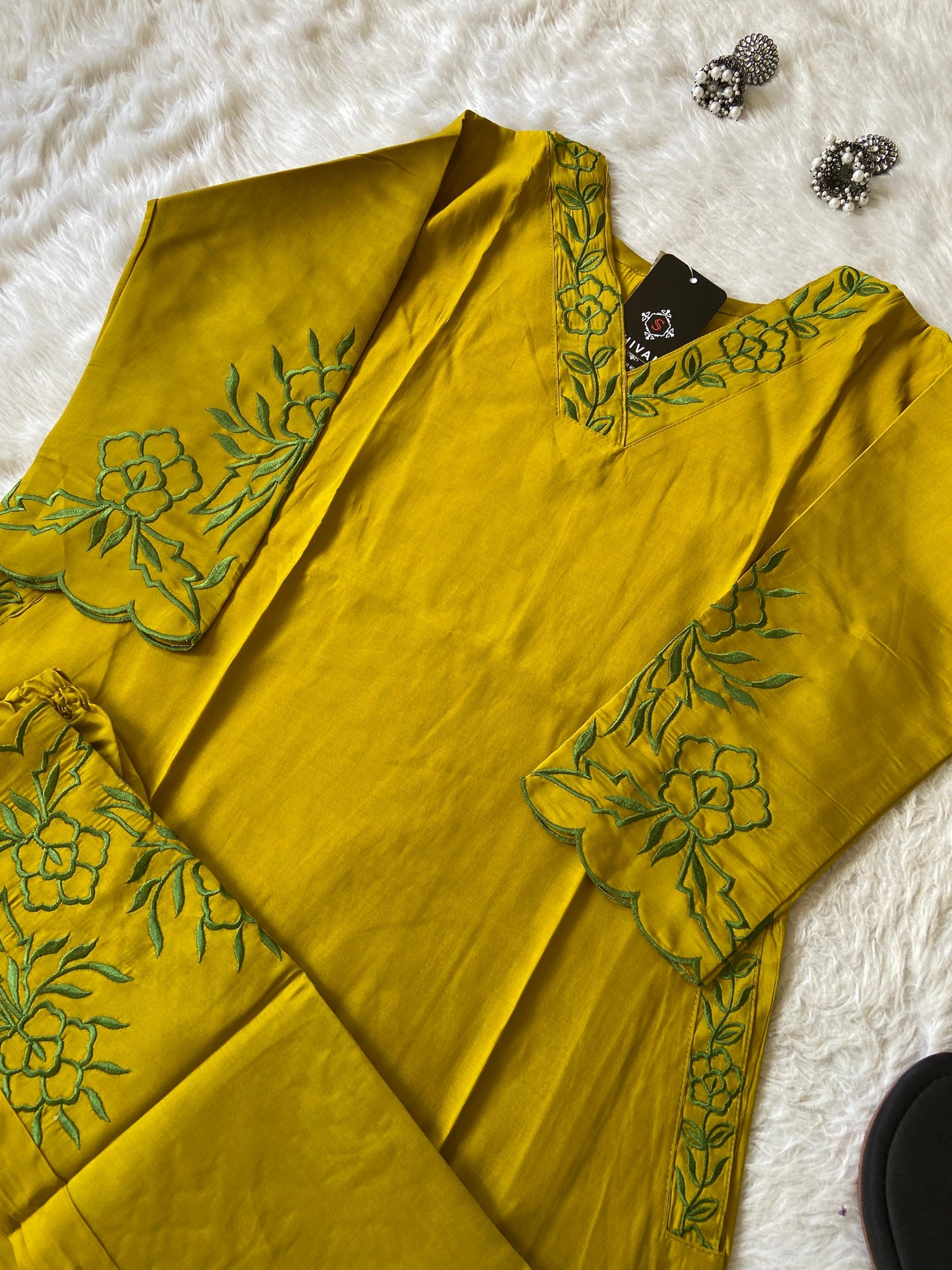 Embroidery Work In Sleeeve, Pocket And Palazzo. Silk Aline Kurti Sets For Women