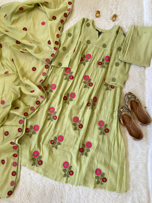Flower Embroidery Work Coral Silk Aline Kurti With Palazzo And Dupatta. Silk Suit Sets For Women Online India. Shop the Latest Festive Summer Collection at Shivani Designer Kurti.